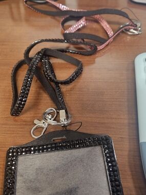 Rhinestone Trim ID Badge Lanyard in Black with Pink Accent